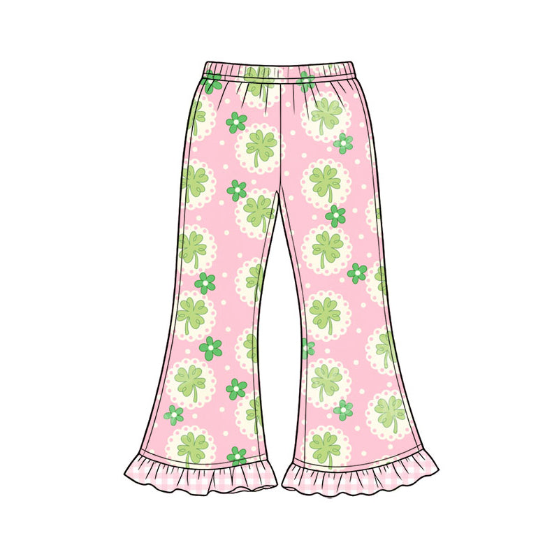 Preorder (moq 5) Baby Girl Clothes Pink Clover Dot Print Long Sleeve Ruffle Flare Pant