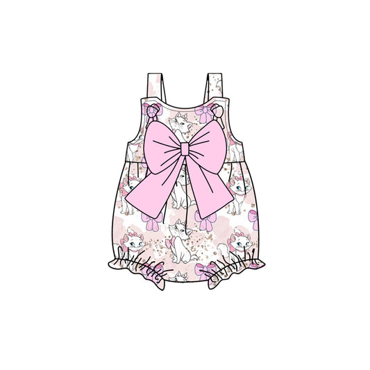 Preorder(moq 5)Baby Infant Girls Pink Strap Cartoon Cats Bows Rompers
