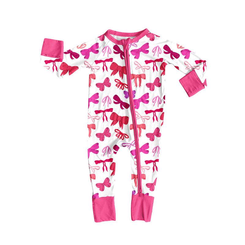 Preorder (moq 5)Baby Girls Long Sleeve Red Pink Bows Plaid Valentine Zipper Footie Rompers