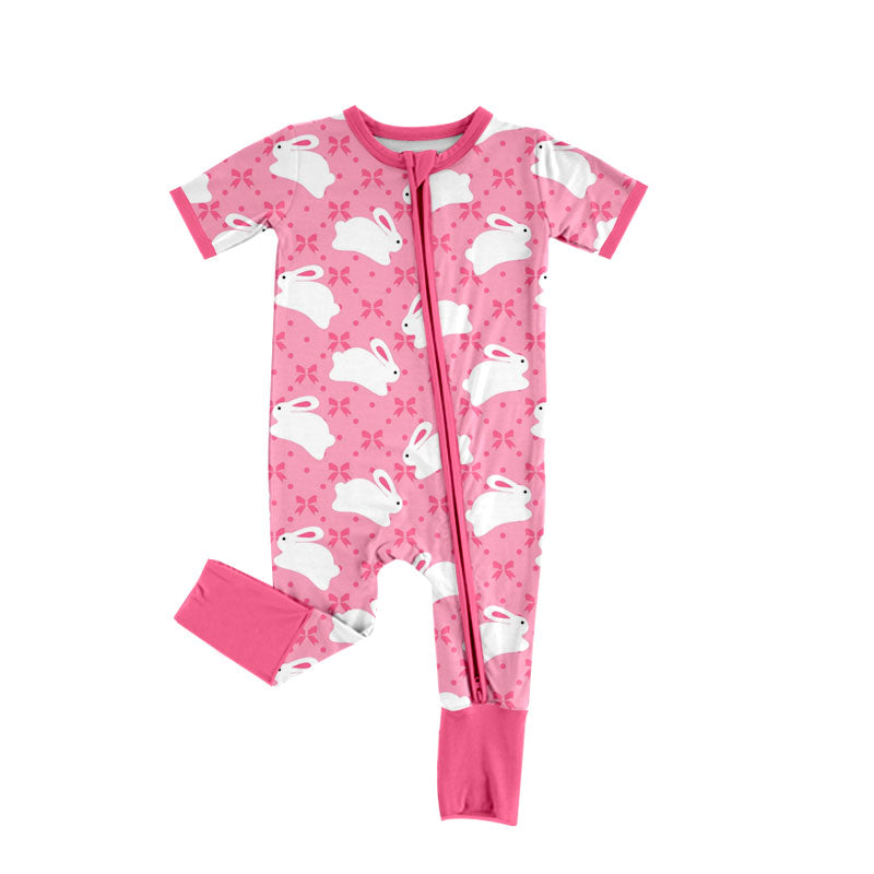 Preorder moq 5 Baby Girls’ & Girls’ Spring Easter Pink Cute Bunny Print Crew Neck Long Sleeve Romper