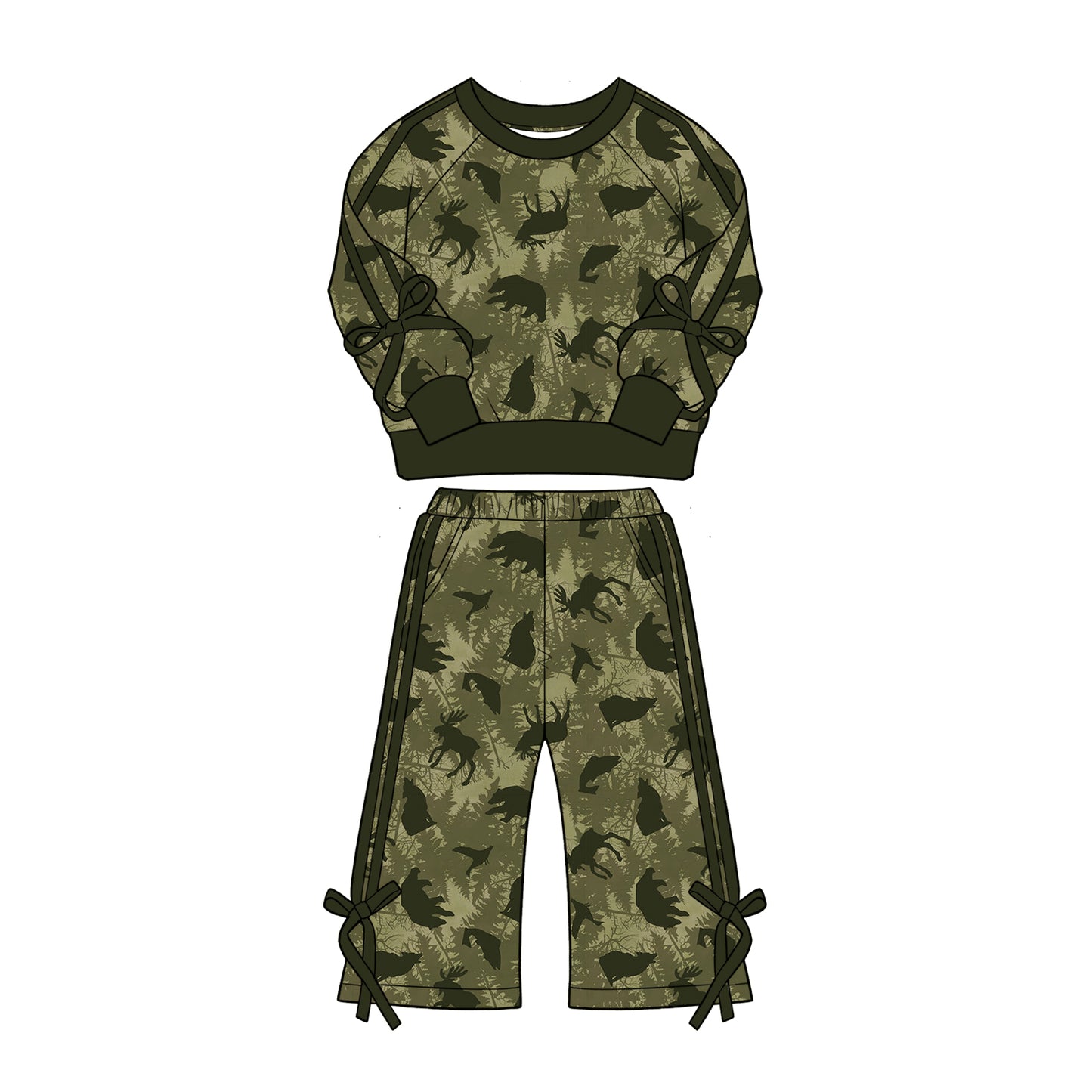Preorder (moq 5)Baby Girls Bear Ducks Deer Top Flare Pockets Pant Hunting Clothes Sets