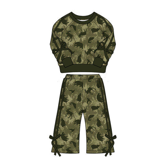 Preorder (moq 5)Baby Girls Bear Ducks Deer Top Flare Pockets Pant Hunting Clothes Sets