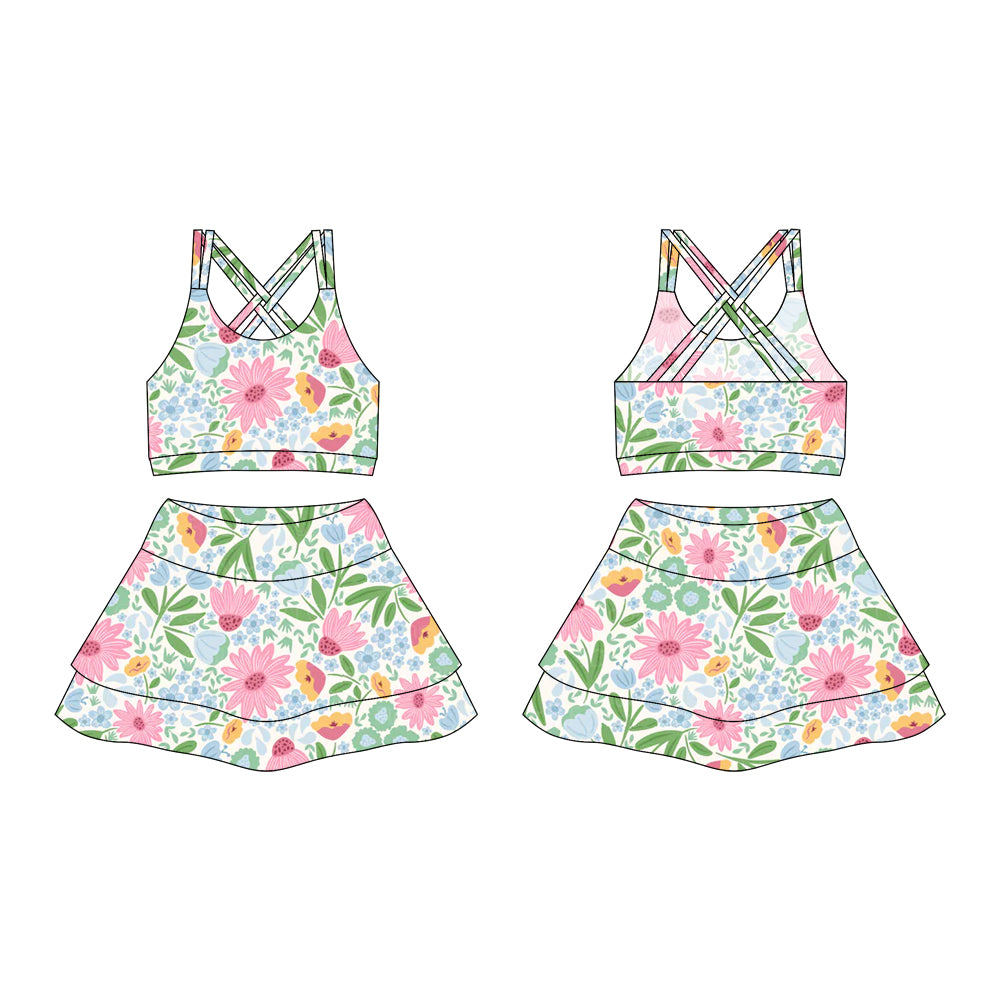 Preorder moq 10 Baby Girls Strap Green Daisy Flowers Activity Wear Vests Top Short Skirts Yoga Set