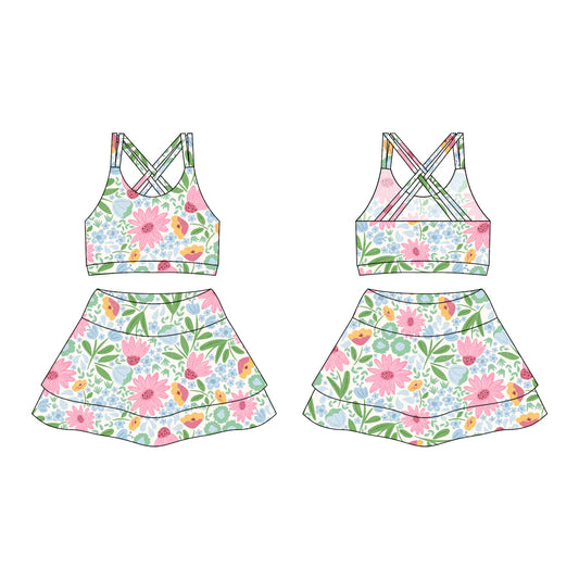 Preorder moq 10 Baby Girls Strap Green Daisy Flowers Activity Wear Vests Top Short Skirts Yoga Set