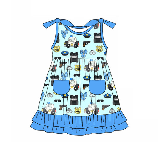 Preorder (moq 5)Baby Girls Police Blue Bows Knee Length Dresses