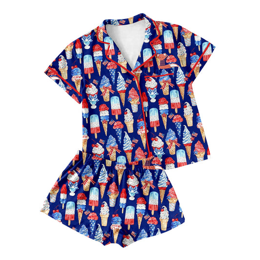 Preorder(moq 5)Adult Women Hot Blue Short Sleeves Button Pocket Popsicle Top Short 4th Of July Pajamas Set