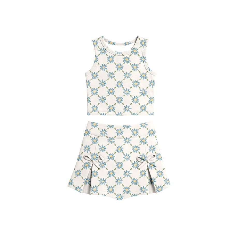 Preorder (moq 5)Baby Girls Blue Daisy Flowers Checked Vest Bows Skirt Shorts Clothes Sets