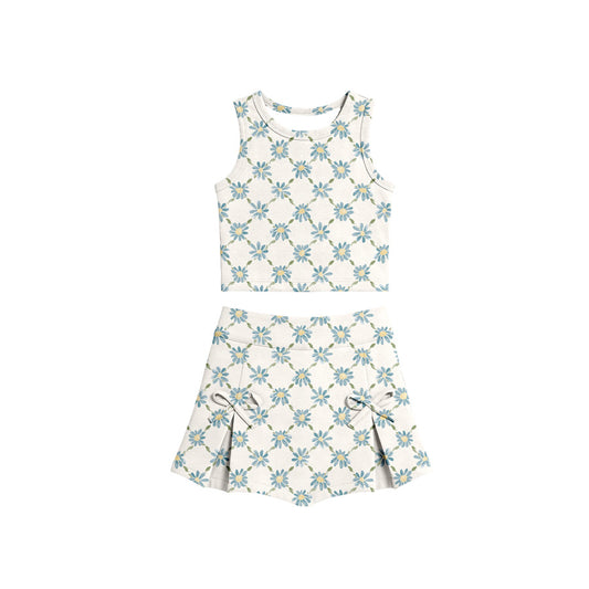 Preorder (moq 5)Baby Girls Blue Daisy Flowers Checked Vest Bows Skirt Shorts Clothes Sets