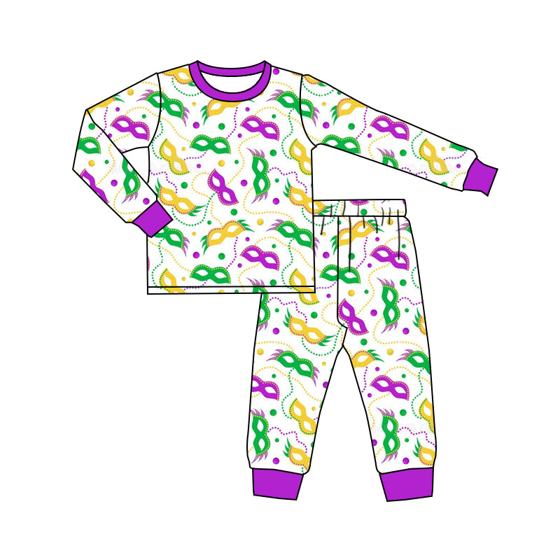 Preorder (moq 5) Baby Boys Mardigras Necklaces Masks Top Pant Pajamas Set