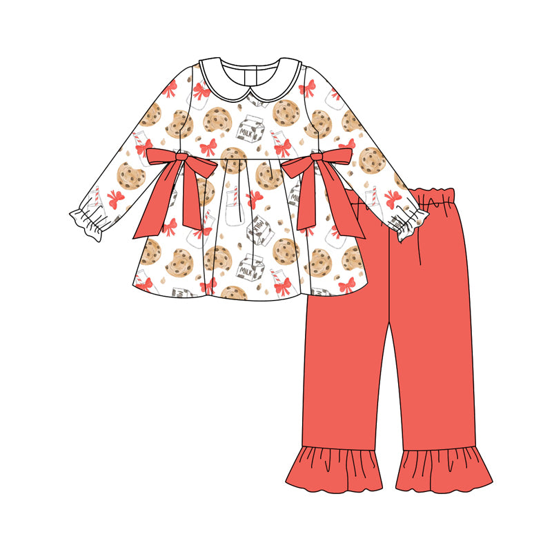Preorder(moq 5) Baby Girls Christmas Cookie Milk Bows Tunic Top Pants Clothes Sets