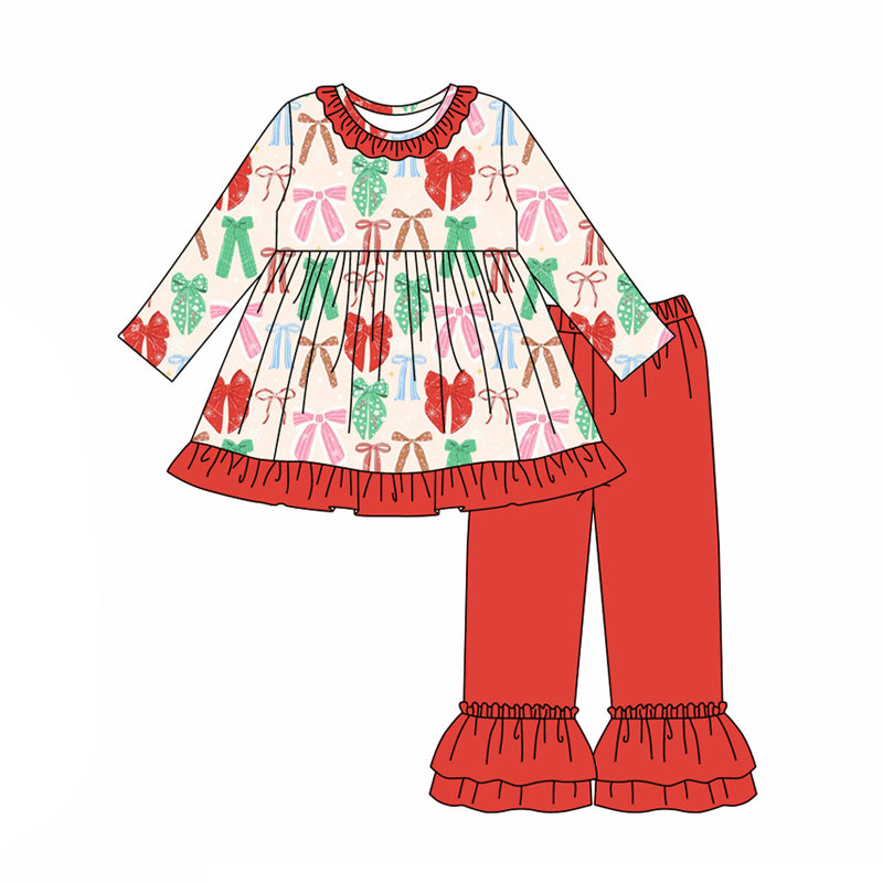 preorder(moq 5) Baby Girls Long Sleeves Colorful Bows Plaid Tunic Ruffle Pants Set