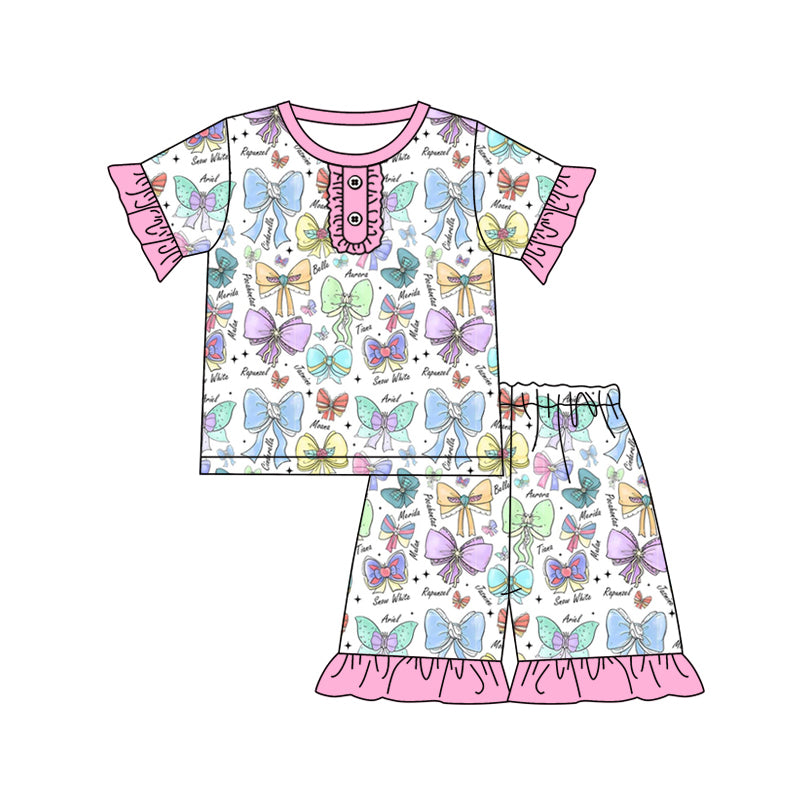 Preorder (moq 5)Baby Girls Pink Short Ruffle Sleeves Colorful Bows Button Top Short Pajamas Sets