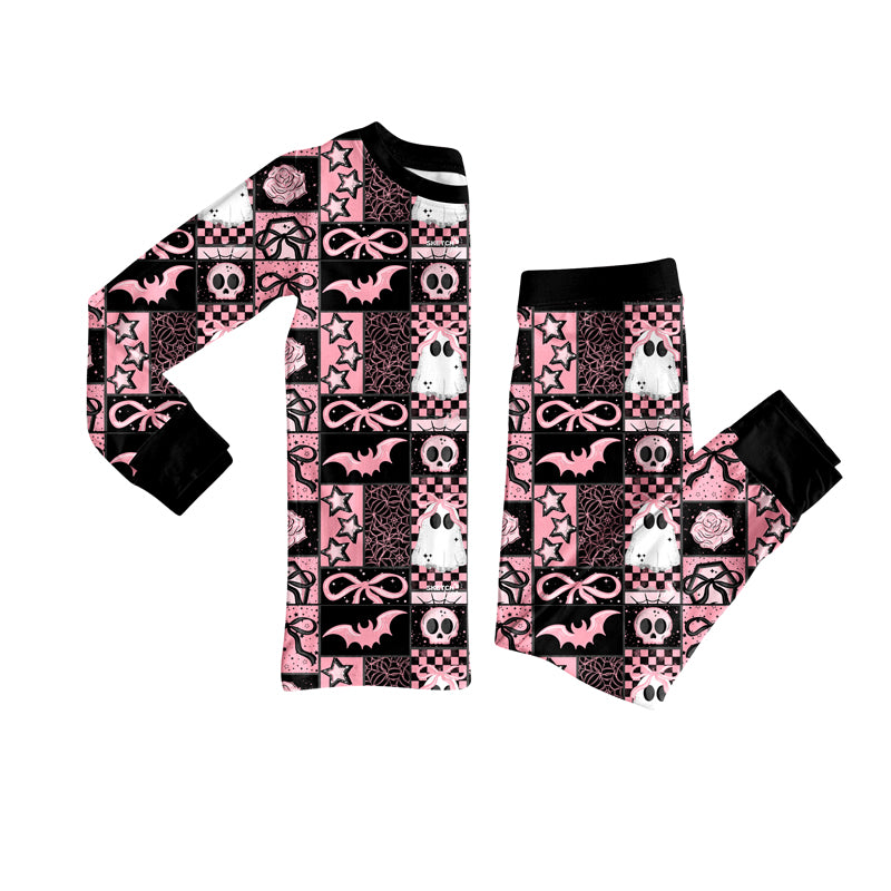 Preorder (moq 5)Baby Girls Ghost Bows Plaid Top Pant Halloween Pajamas Set