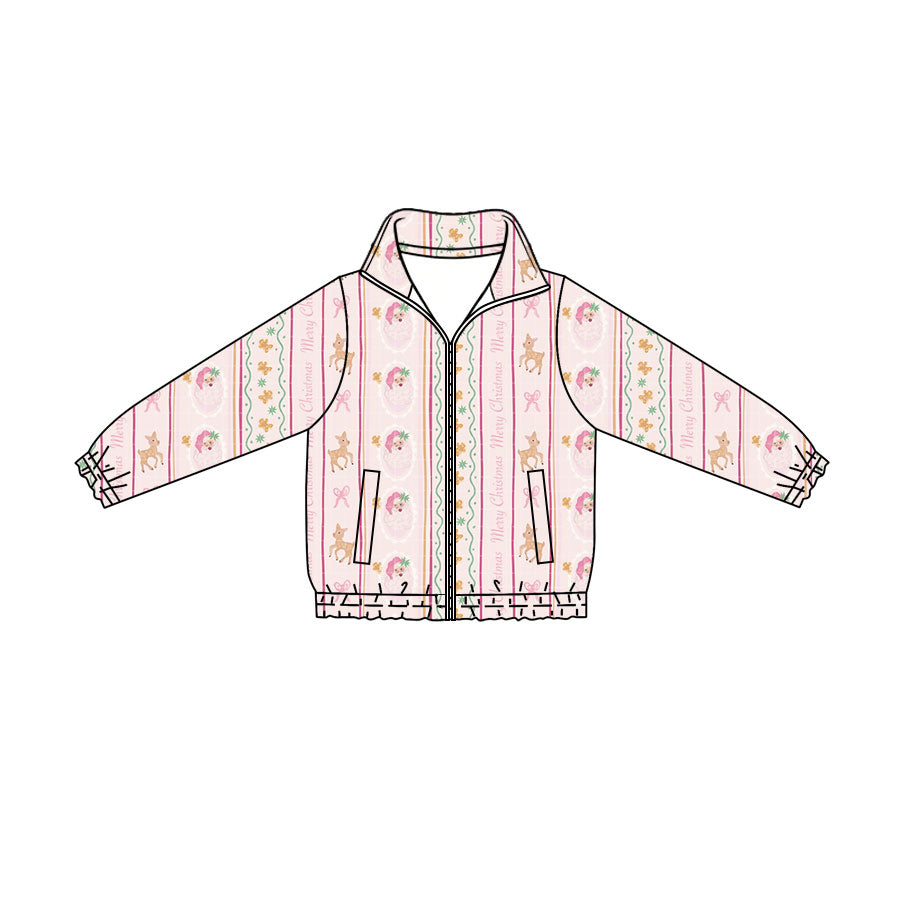 Preorder (moq 5)Baby Girls Santa Deer Stripe Christmas Zip Pockets Jackets Top