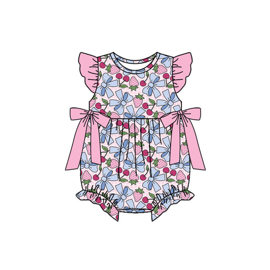Preorder (moq 5)Baby Girls Flutter Sleeve Strawberry Cherry Bows Ruffle Rompers