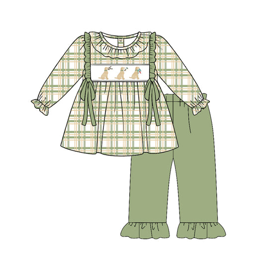 Preorder (moq 5)Baby Girls Green Checked Dogs Ducks Tunic Ruffle Pant Hunting Clothes Sets