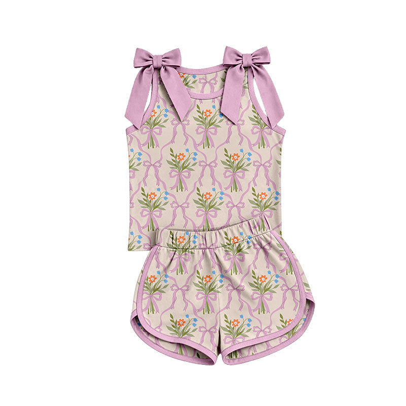 Preorder (moq 5)Baby Girls Bows Sleeveless Bows Flowers Checked Top Short Clothes Set