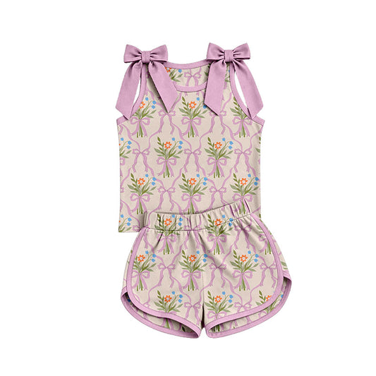 Preorder (moq 5)Baby Girls Bows Sleeveless Bows Flowers Checked Top Short Clothes Set