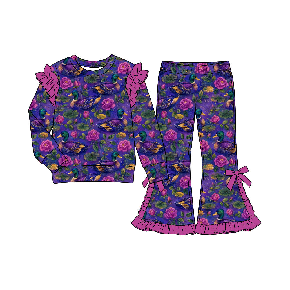 Preorder (moq 5) Baby Girl Purple Duck Rose Floral Print Long Sleeve Ruffle Shoulder Top Ruffle Hem Bow Flare Pant Set