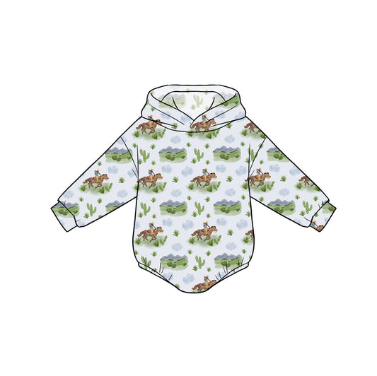 Preorder (moq 5)Baby Boys Long Sleeve Horse Cactus Western Hoodie Rompers