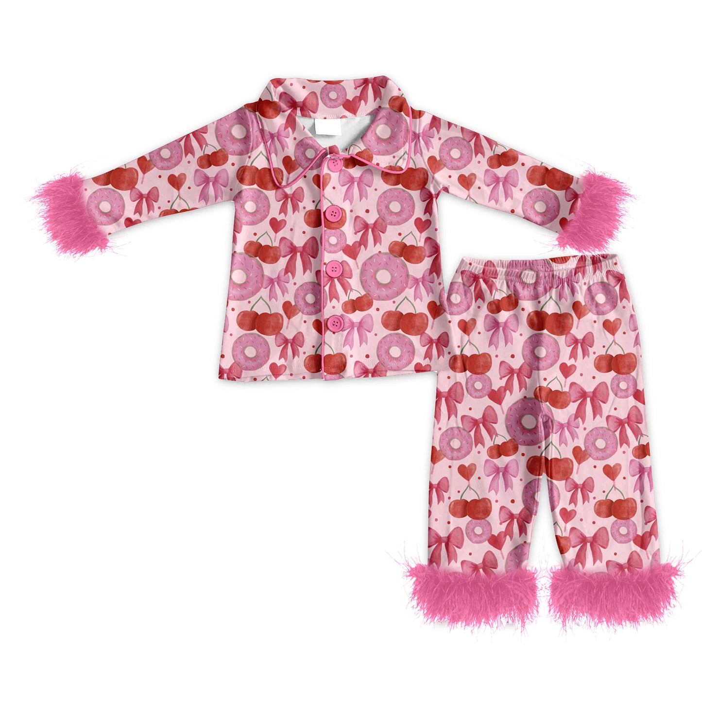 Preorder (moq 5)Baby Girls Bows Balloon Hearts Button Top Pants Valentines Fur Sleeve Pajamas Sets