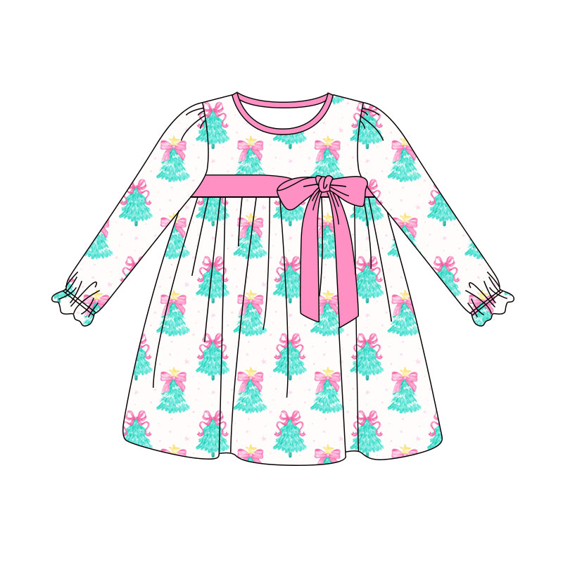 Preorder (moq 5)Baby Girls Long Ruffle Sleeves Bows Trees Plaid Knee Length Dresses