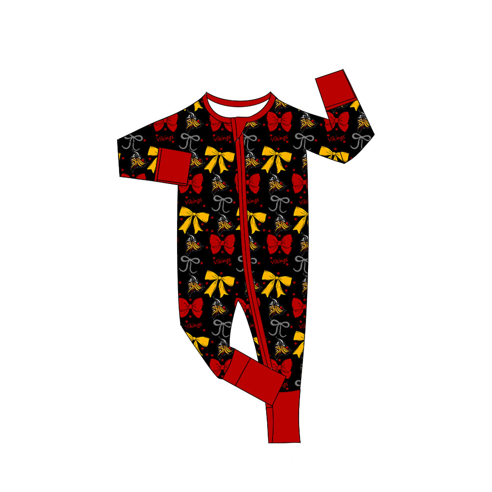 Preorder(moq 5)Baby Girls Black Vikings Bows Zipper Footie Rompers