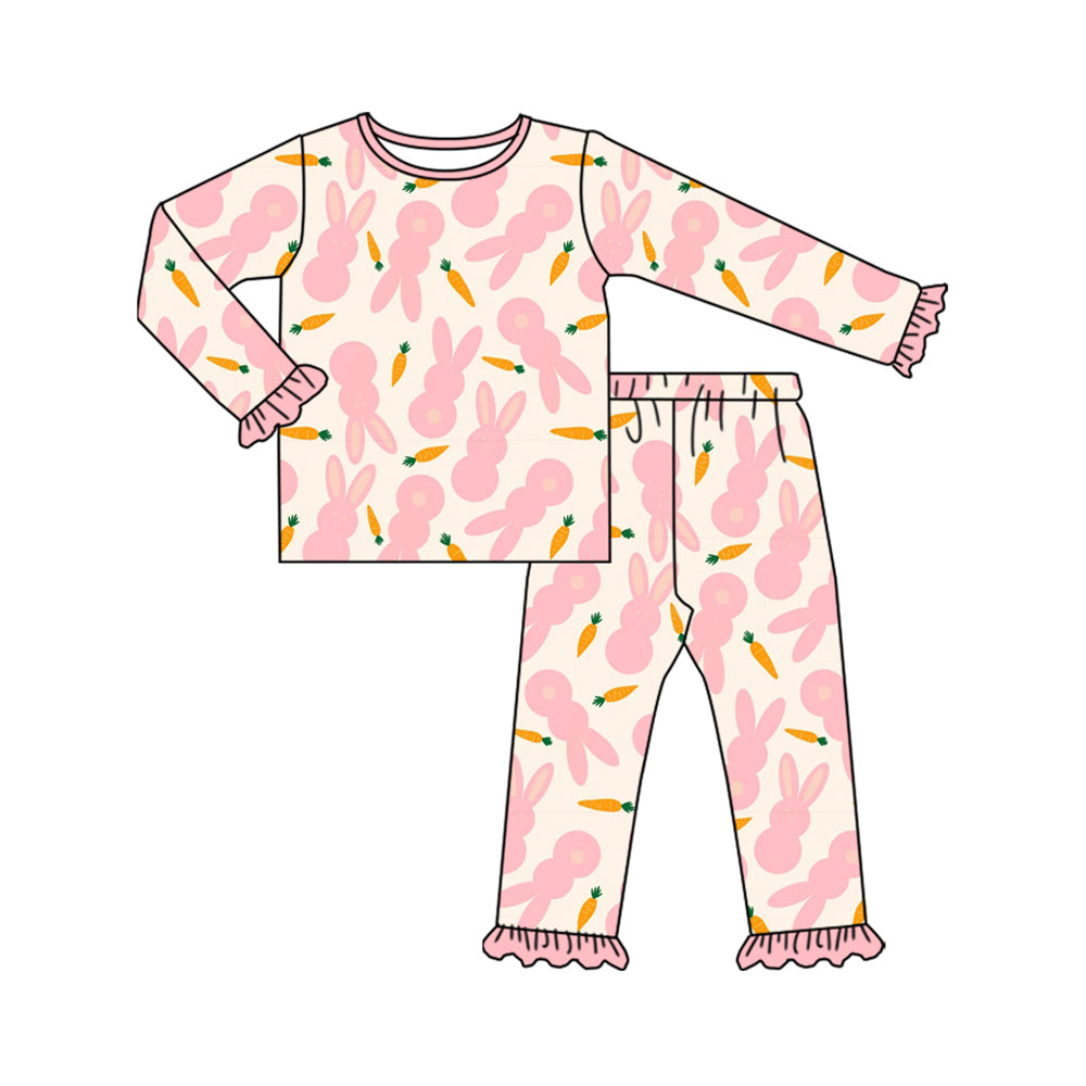 Preorder (moq 5) Baby Girl Clothes Cream Pink Bunny Carrot Silhouette Print Long Sleeve Ruffle Pajama Set