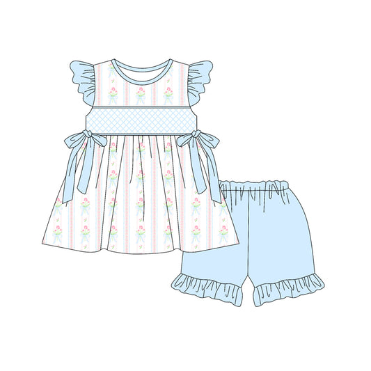 Preorder (moq 5)Baby Girls Blue Flutter Sleeves Floral Bows Tunic Ruffle Short Sets