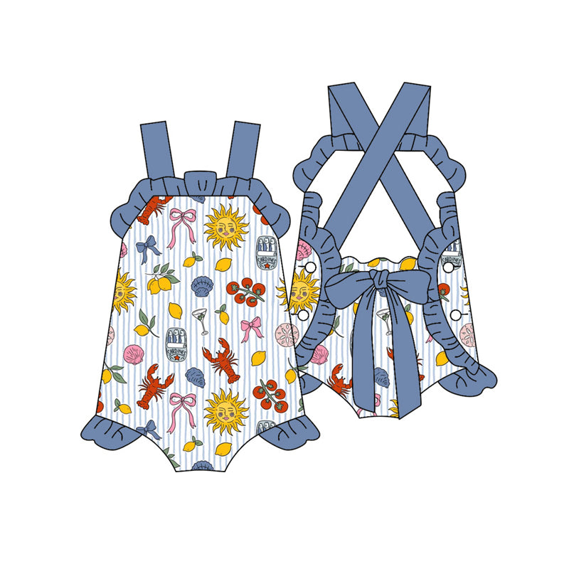 Preorder (moq 5)Baby Girls Strap Crayfishes Lemons Back Bow Ruffle Rompers