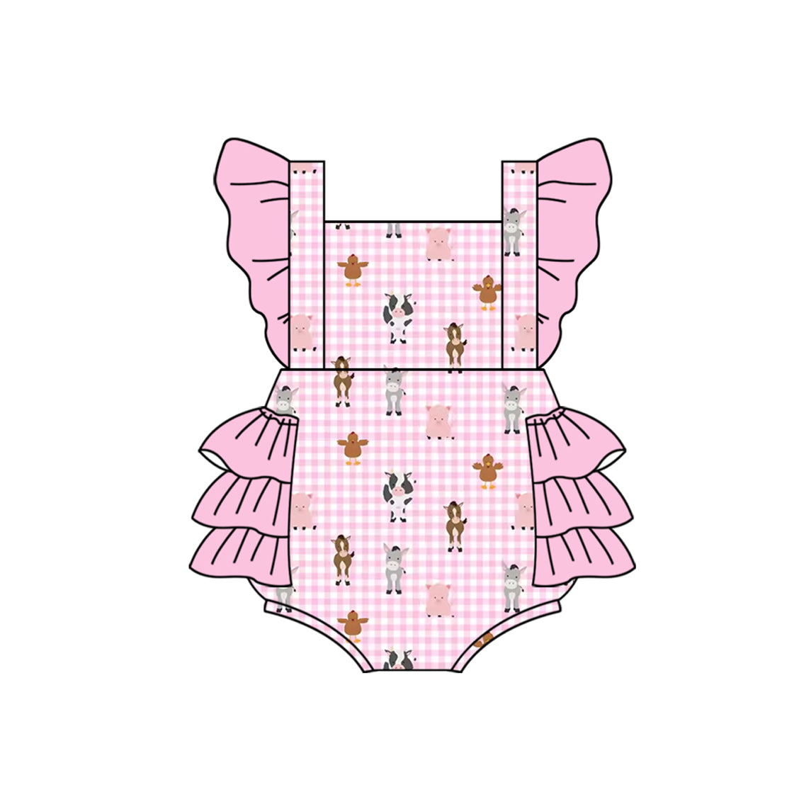 Preorder(moq 5)Baby Infant Girls Farm Pink Checkered Cows Bubble Rompers