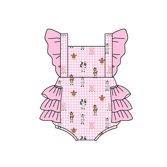 Preorder(moq 5)Baby Infant Girls Farm Pink Checkered Cows Bubble Rompers