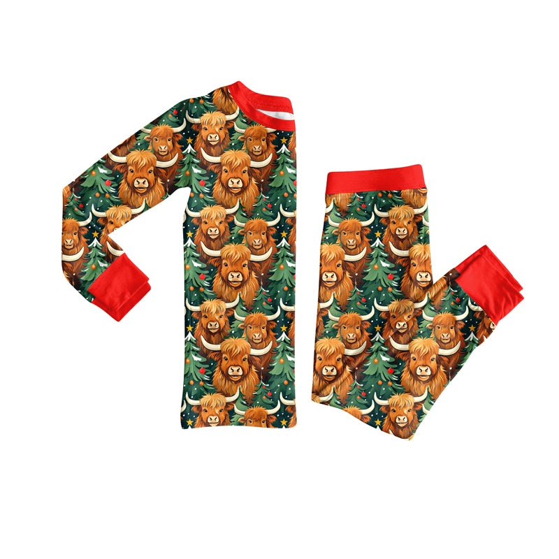 Preorder(moq 5) Baby Girls Long Sleeves Highland Cows Trees Plaid Top Pants Pajamas Set