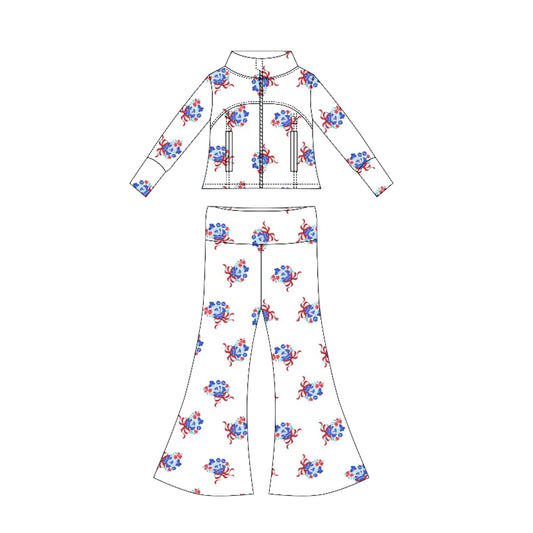 Preorder moq 10 Baby Girls Long Sleeves Red Bows Flowers Pockets Zipper Top Bell Bottom Pant Set
