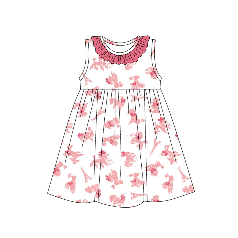 Preorder (moq 5)Baby Girls Sleeveless Pink Dogs Towers Round Collar Knee Length Dresses