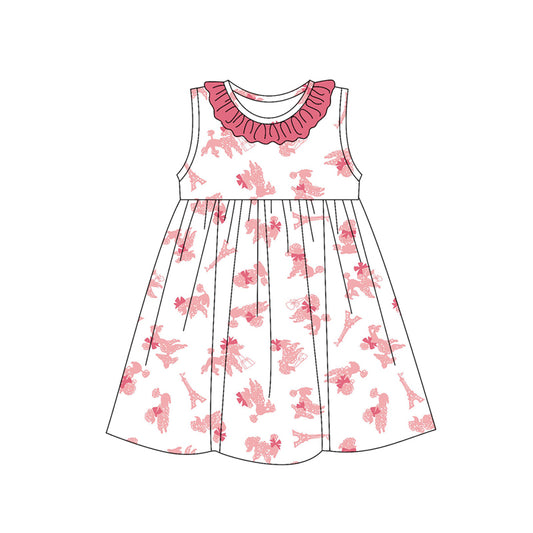 Preorder (moq 5)Baby Girls Sleeveless Pink Dogs Towers Round Collar Knee Length Dresses