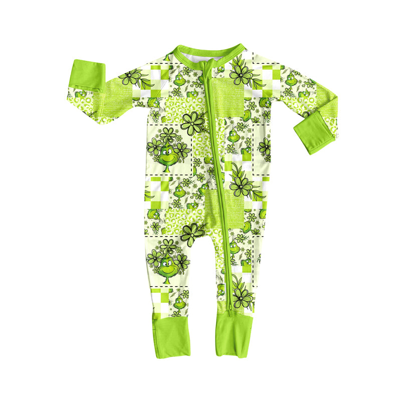 Preorder(moq 5)Baby Infant Green Face Flowers Plaid Christmas Zipper Rompers