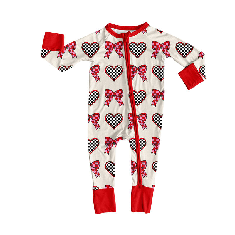 Preorder (moq 8)Baby Girls Hearts Bows Checked Valentine Zipper Footie Rompers