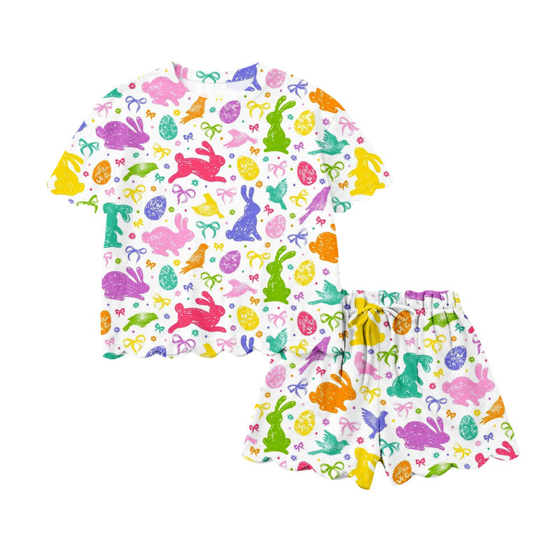 Preorder (moq 5)Baby Girls Colorful Rabbits Eggs Bows Top Scallop Shorts Easter Clothes Sets
