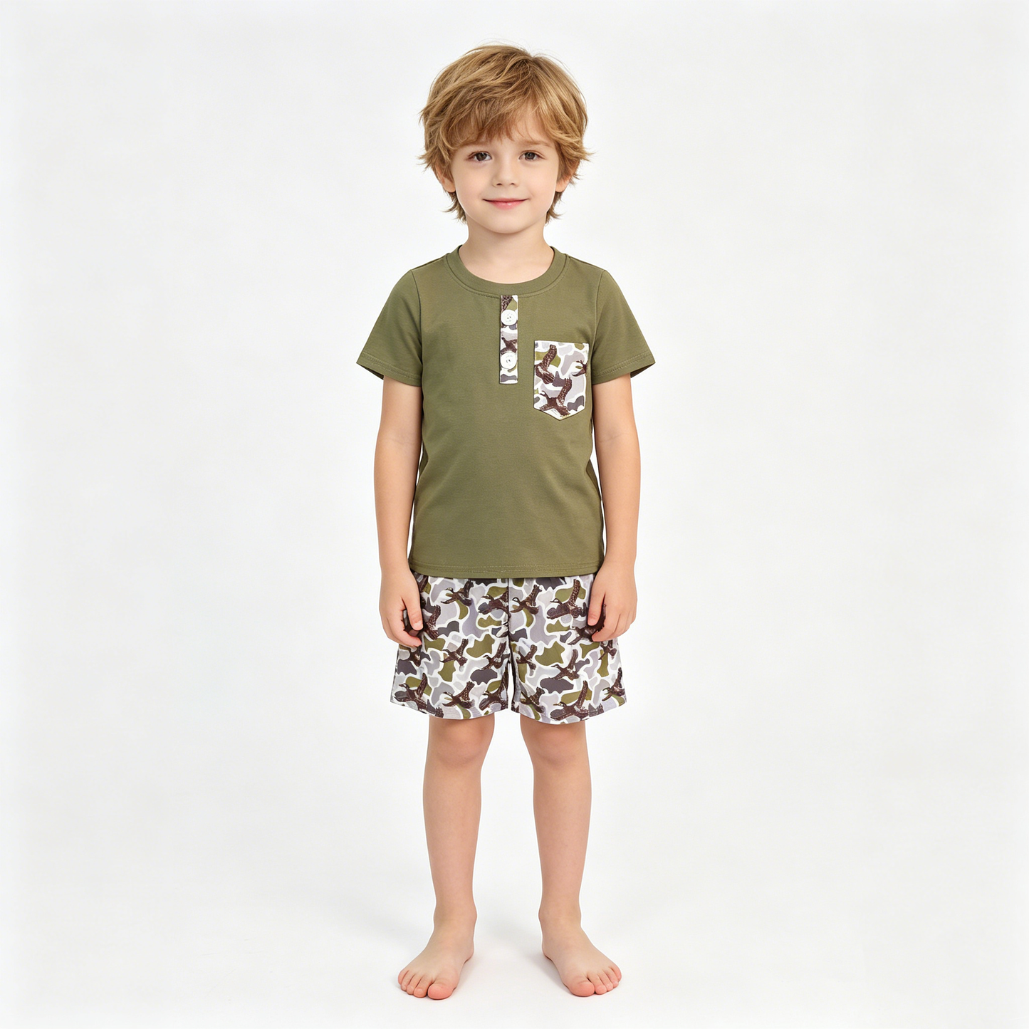 Baby Boys Olive Button Pocket Top Ducks Camo Shorts Hunting Clothes Sets