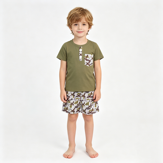 Baby Boys Olive Button Pocket Top Ducks Camo Shorts Hunting Clothes Sets