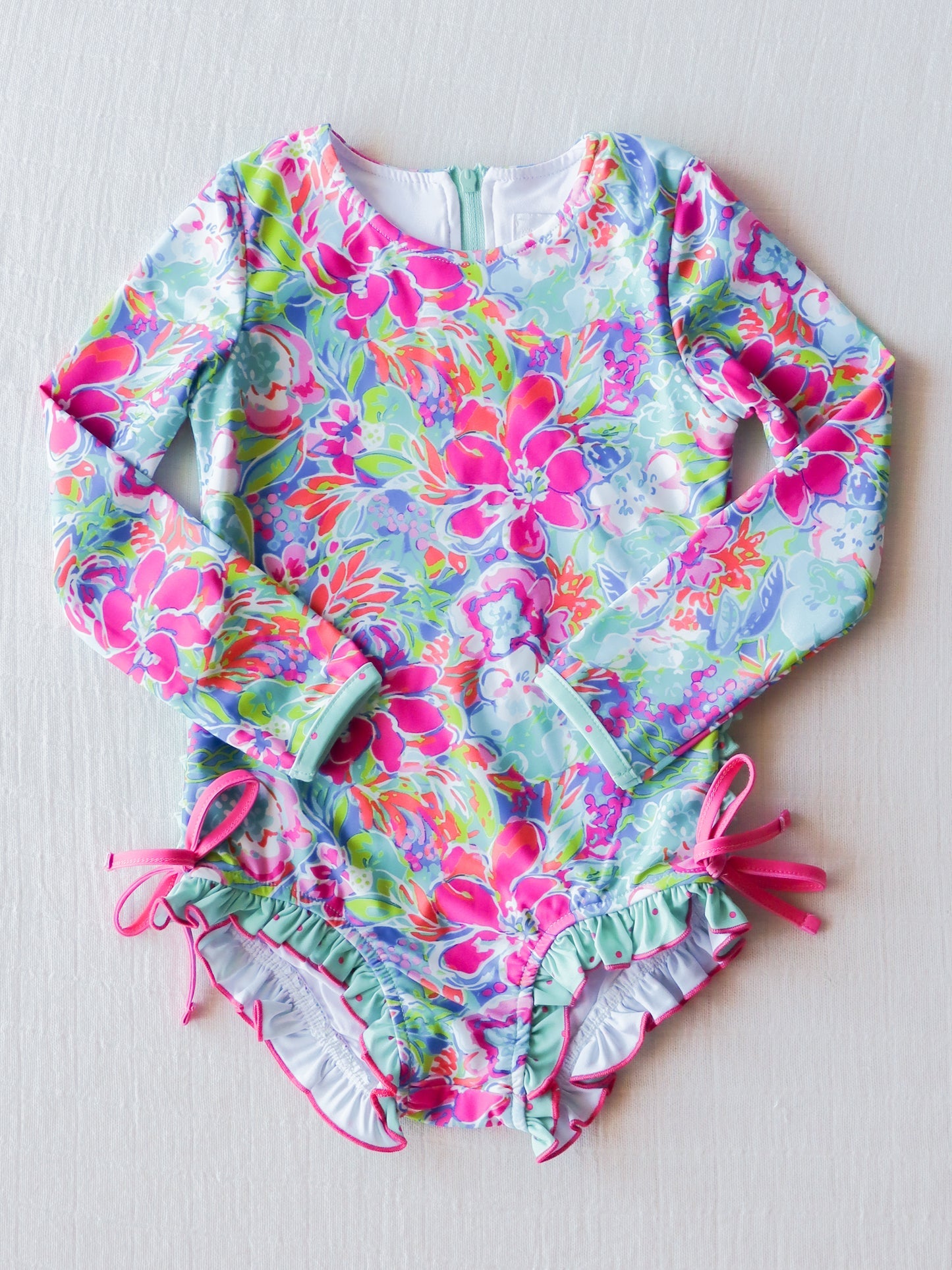 Baby Girls Pink Blue Flowers Long Sleeve Swimsuits Preorder (moq 5)