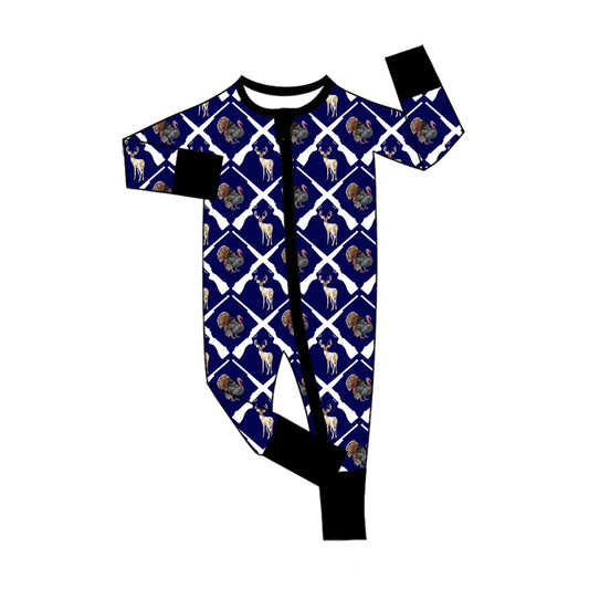 Preorder (moq 5)Baby Boys Deer Turkey Checked Hunting Two Way Zip Convertible Rompers