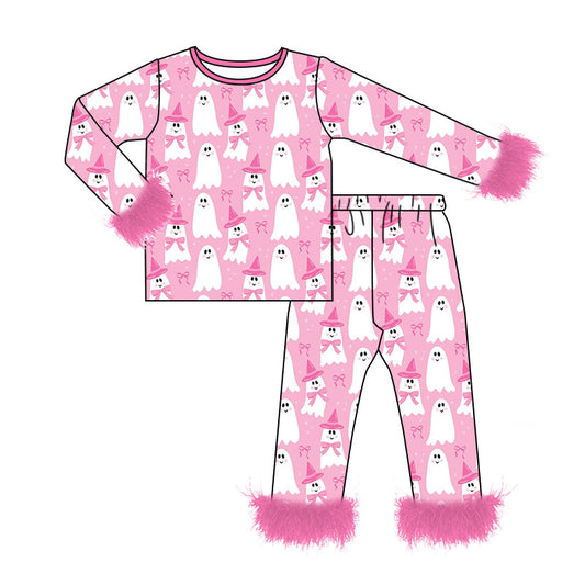 Preorder (moq 5)Baby Girls Bows Ghost Fur Sleeves Top Pants Halloween Pajamas Sets