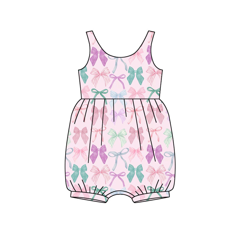 Preorder (moq 5)Baby Girls Pink Sleeveless Colorful Bows Ruffle Rompers
