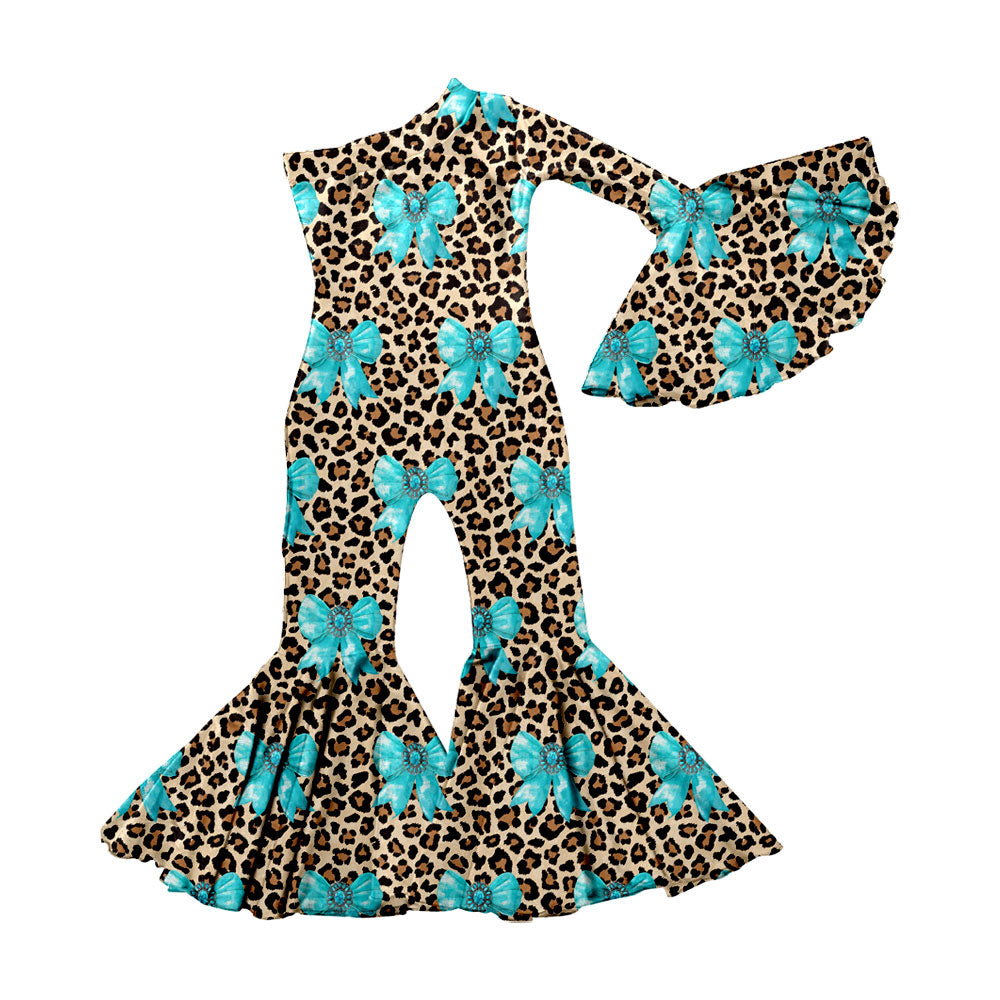 Preorder(moq 5) Baby Girls Blue Turquoises Bows Leopard Western Bell Bottom Jumpsuits