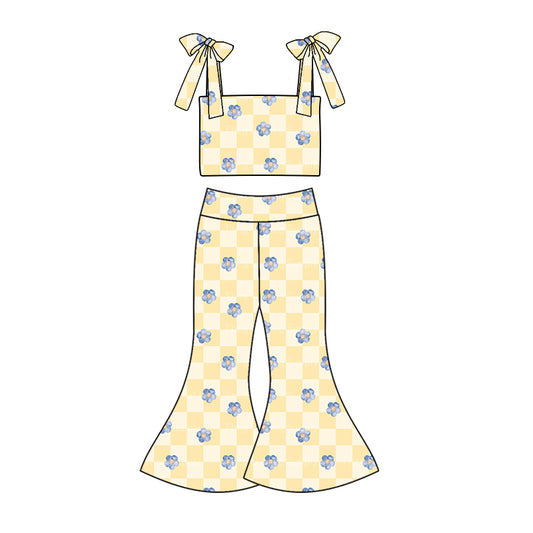 Preorder (moq 5)Baby Girls Checkered Flowers Straps Top Bell Pants Clothes Sets