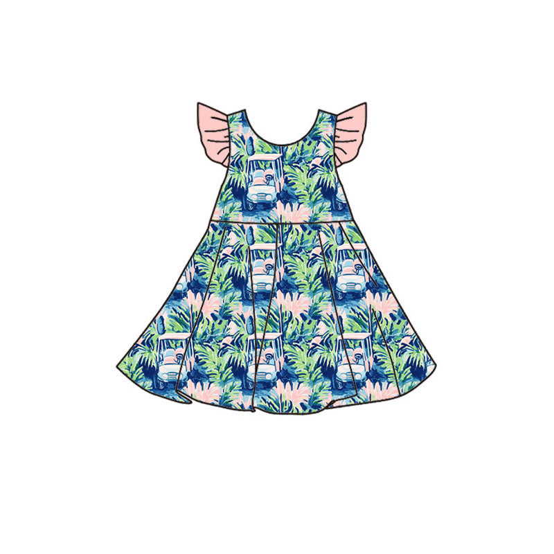 Preorder(moq 5) Baby Girls Flutter Sleeve Green Plants Trucks Knee Length Dresses