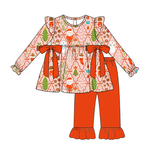 Preorder (moq 5)Baby Girls Santa Deer Bows Tunic Ruffle Pants Christmas Clothes Sets