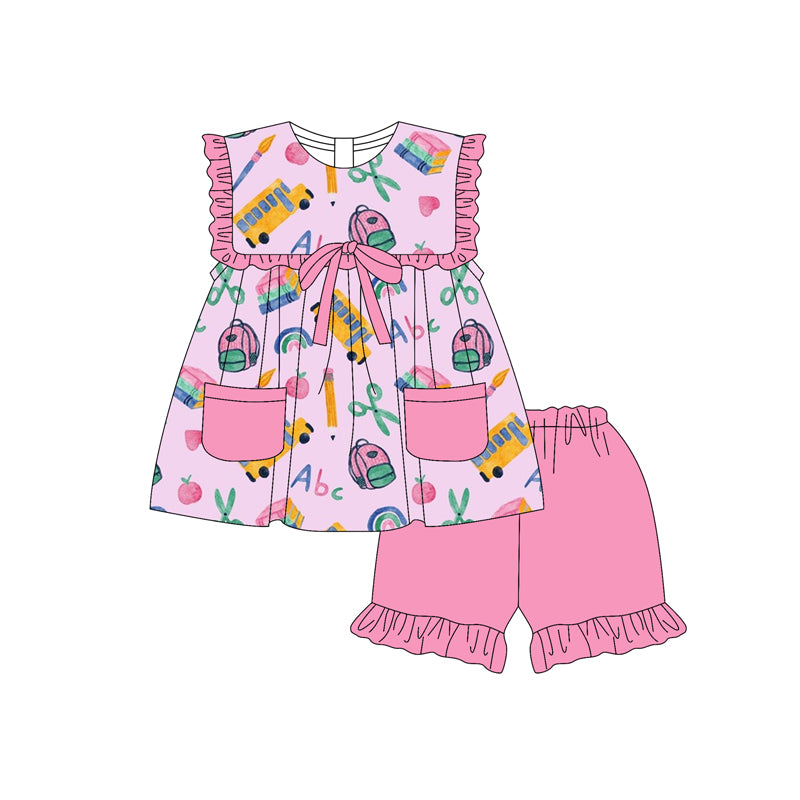 Preorder (moq 5)Baby Girls Pink Sleeveless Peaches Pencils Pockets Tunic Ruffle Shorts Set